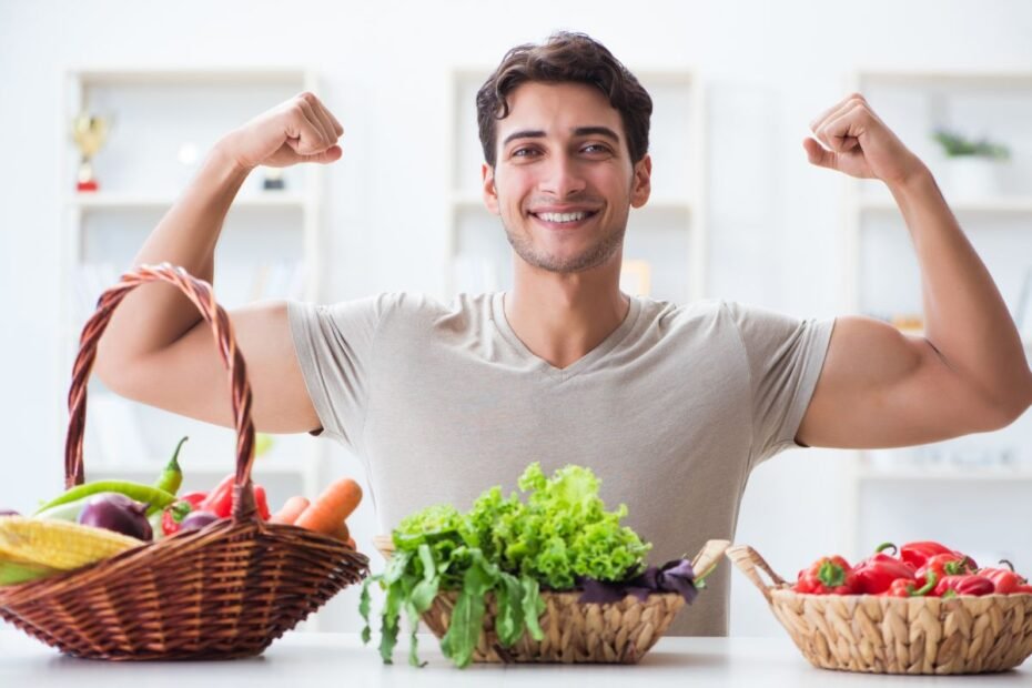 Man showing strength with groceries